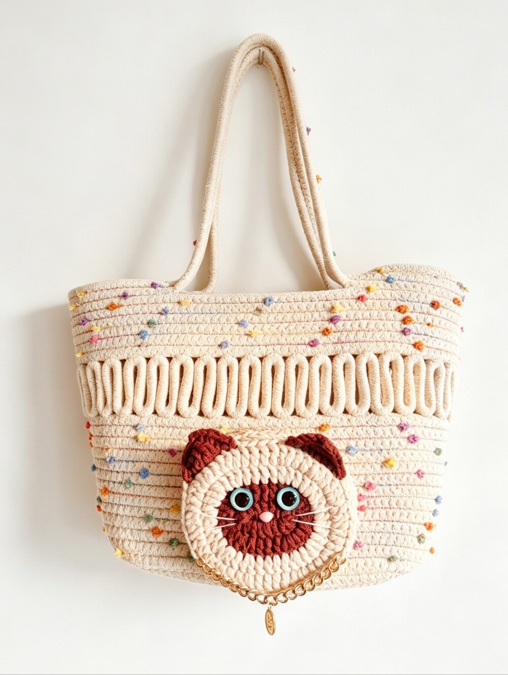 Cream Crochet Tote Bag with Cat Accent Cat carrier, pet portrait bag